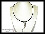 Pendant LEAF - Handcrafted oxidized fine silver .999, black leather cord